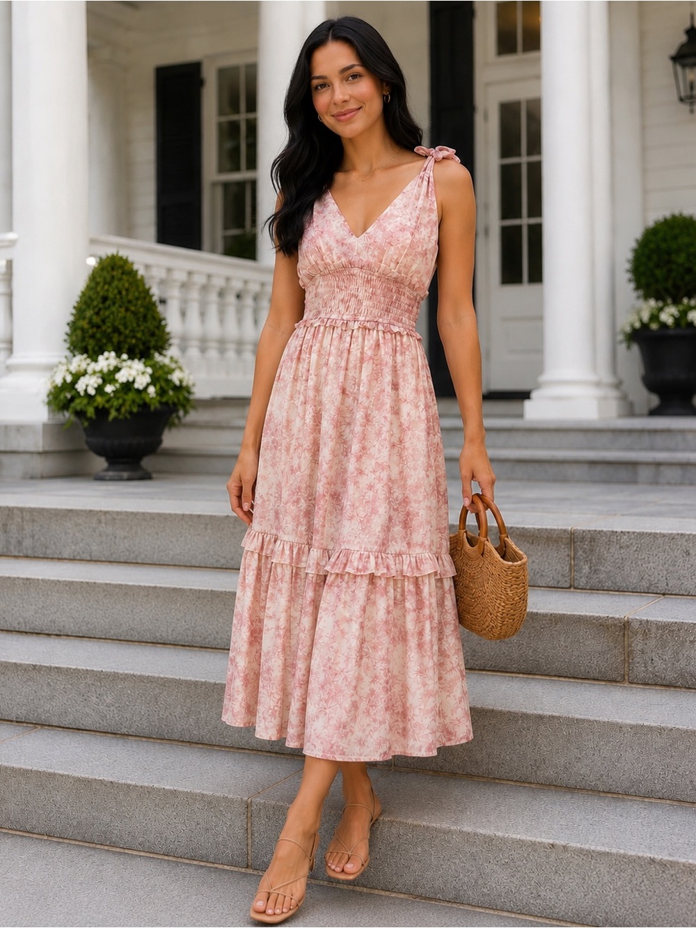 En Saison Pink Floral Smocked Midi Dress Cottagecore Romance XS